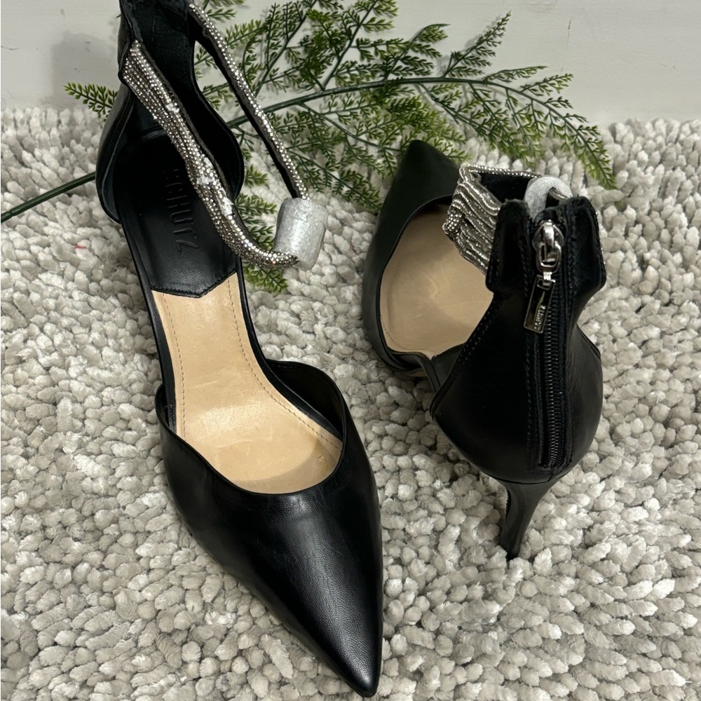 SCHUTZ Black Pointed D'Orsay Heels with Rhinestone Ankle Strap